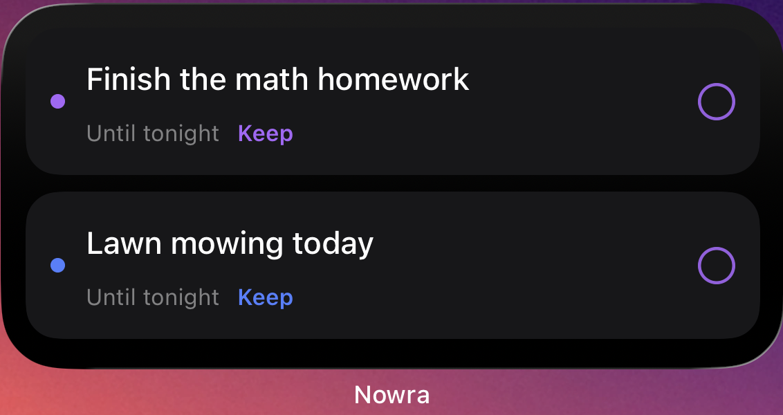 Nowra Home Screen widget with thoughts until tonight.